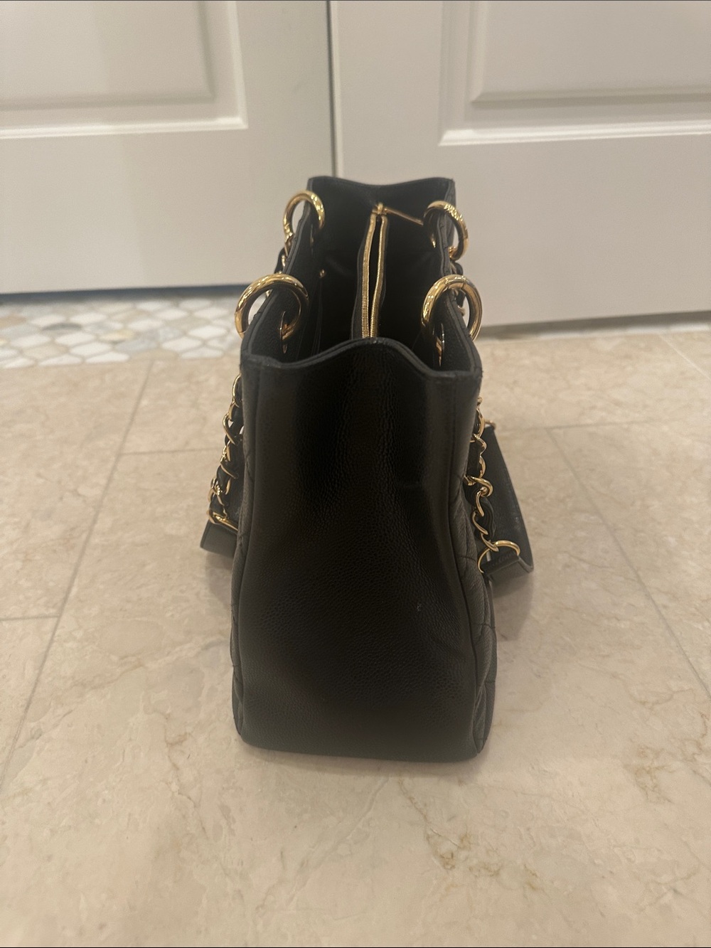 CHANEL Black Quilted Leather Shoulder Tote with Gold Chain Straps - Picture 10 of 13